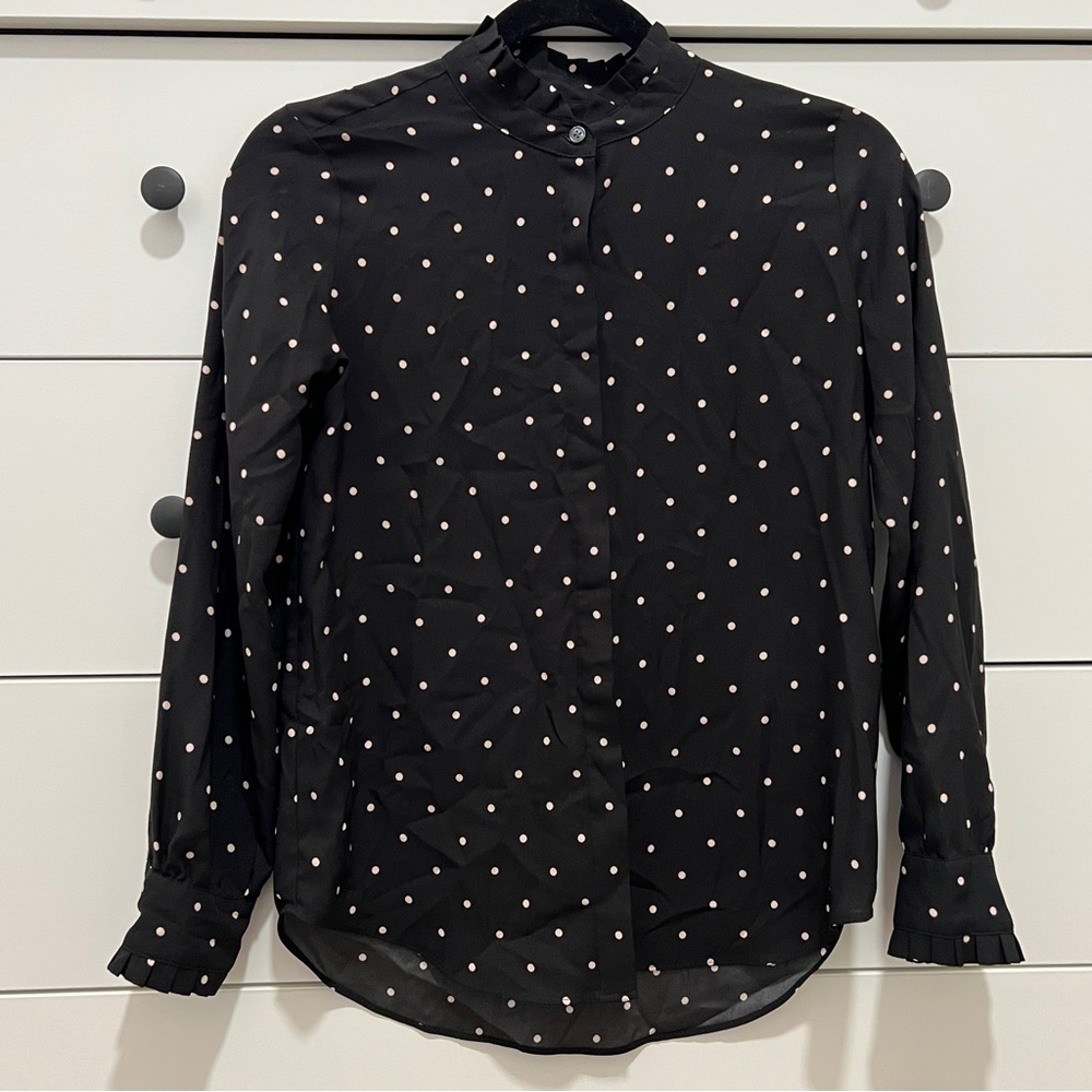 Ann Taylor Petite Women’s Black and White Polka Dot Button-Up Blouse, Size: xxsp